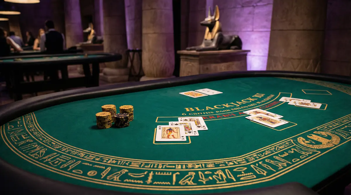 Mesa de blackjack com decoração egípcia no verabet